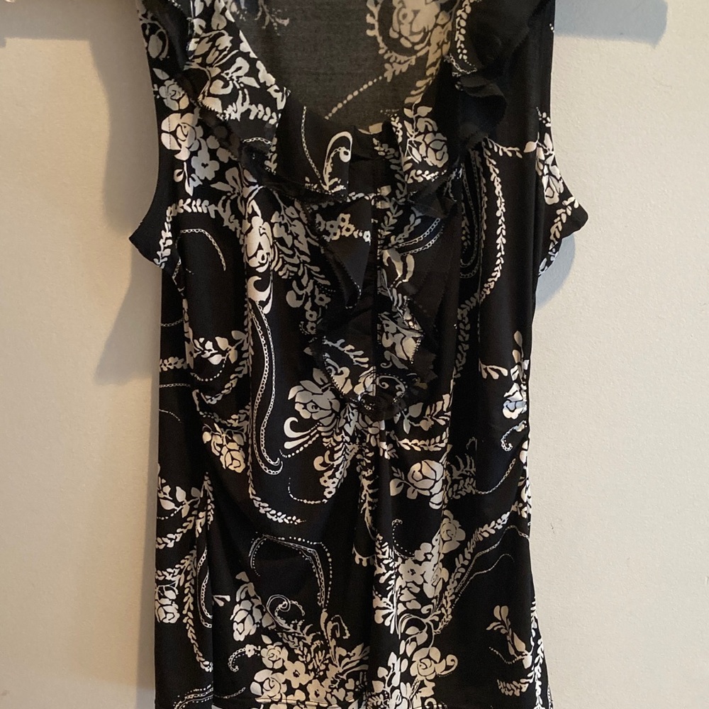 White House Black Market Ruffled Black and White Blouse